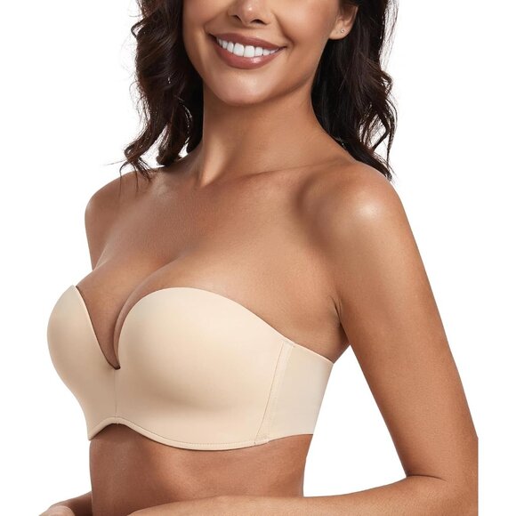 Women's Beige Strapless Bra Push Up Anti-slip Support Lift Up Wire-free Bra - Picture 4 of 7